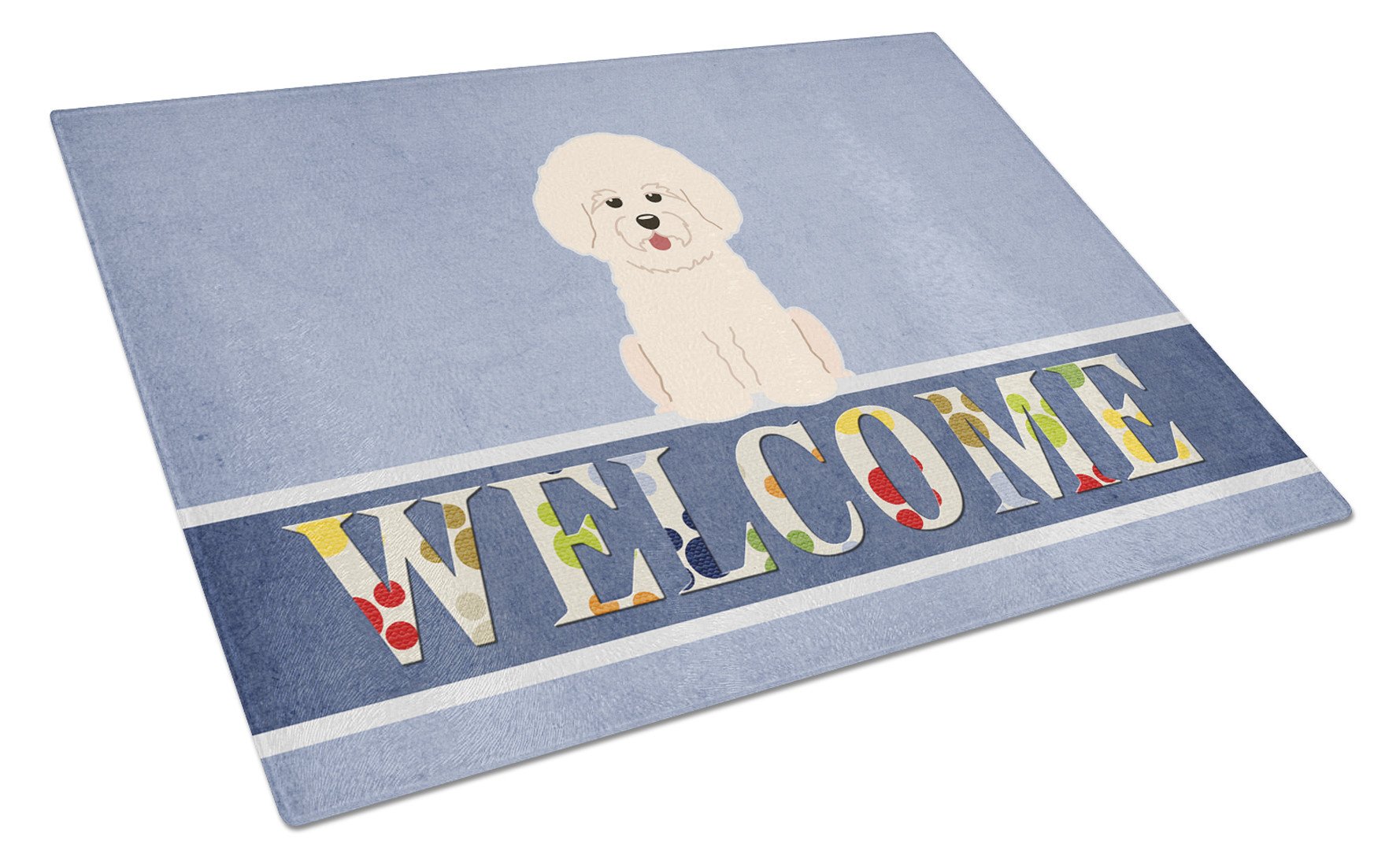 Bichon Frise Welcome Cutting Board Tempered Glass Kitchen Cutting Surface, Heat Resistant Chopping, Non-Slip Feet, Food Prep & Serving