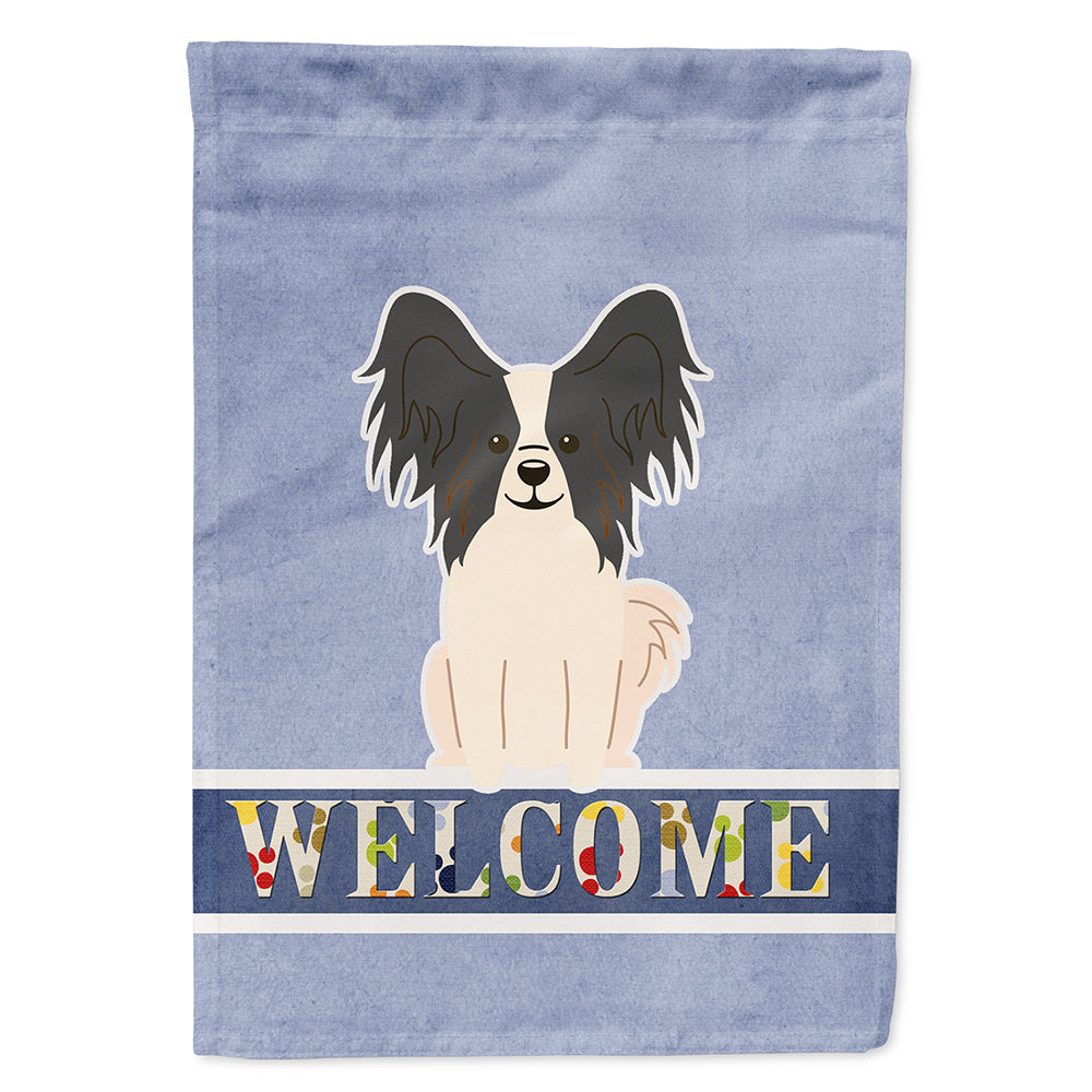 Papillon Black White Welcome House Flag 28x40 Porch Sleeve Pole Decorative Outside Yard Banner Artwork Wall Hanging, Polyester