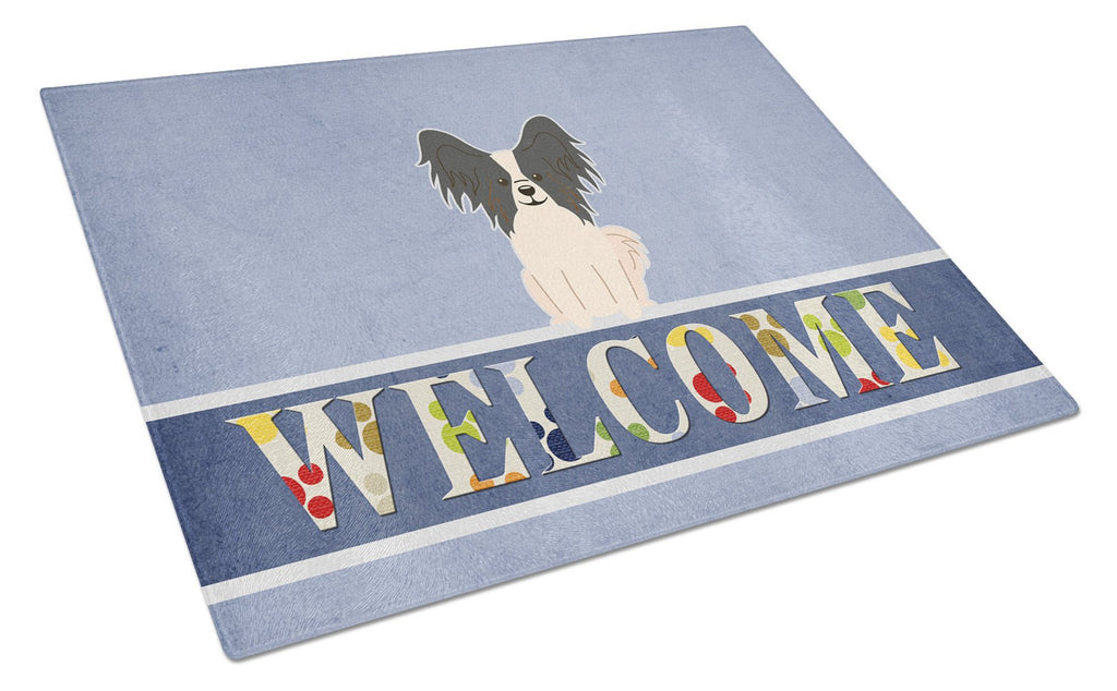 Papillon Black White Welcome Cutting Board Tempered Glass Kitchen Cutting Surface, Heat Resistant Chopping, Non-Slip Feet, Food Prep & Serving