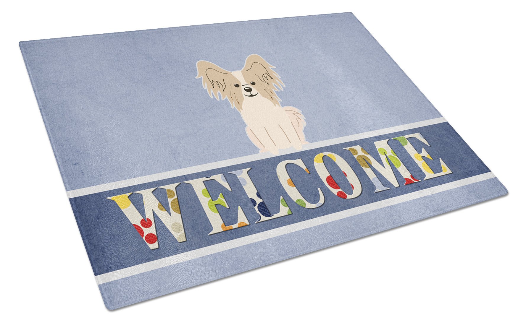 Papillon Sable White Welcome Cutting Board Tempered Glass Kitchen Cutting Surface, Heat Resistant Chopping, Non-Slip Feet, Food Prep & Serving