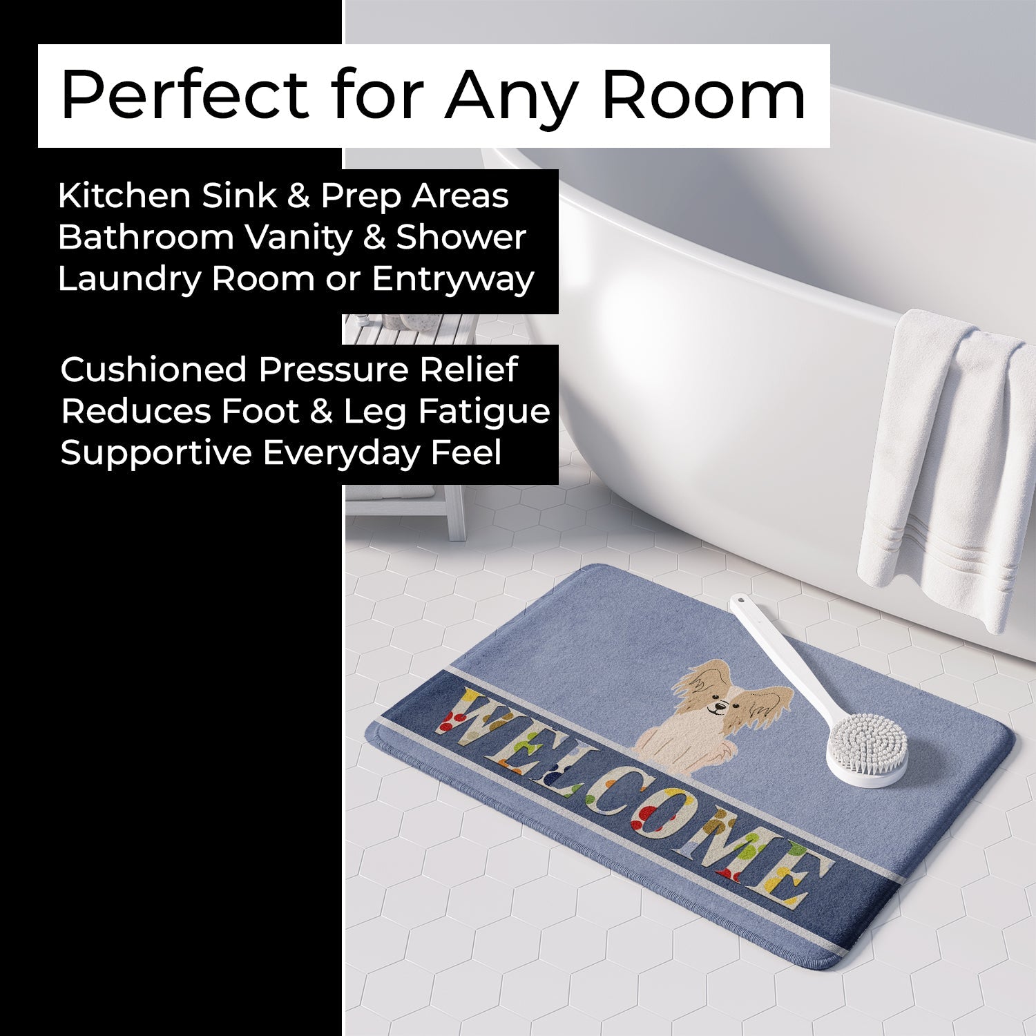 Papillon Sable White Welcome Memory Foam Kitchen Mat Machine Washable Anti-Fatigue Cushion Comfort Bath or Kitchen Rug
