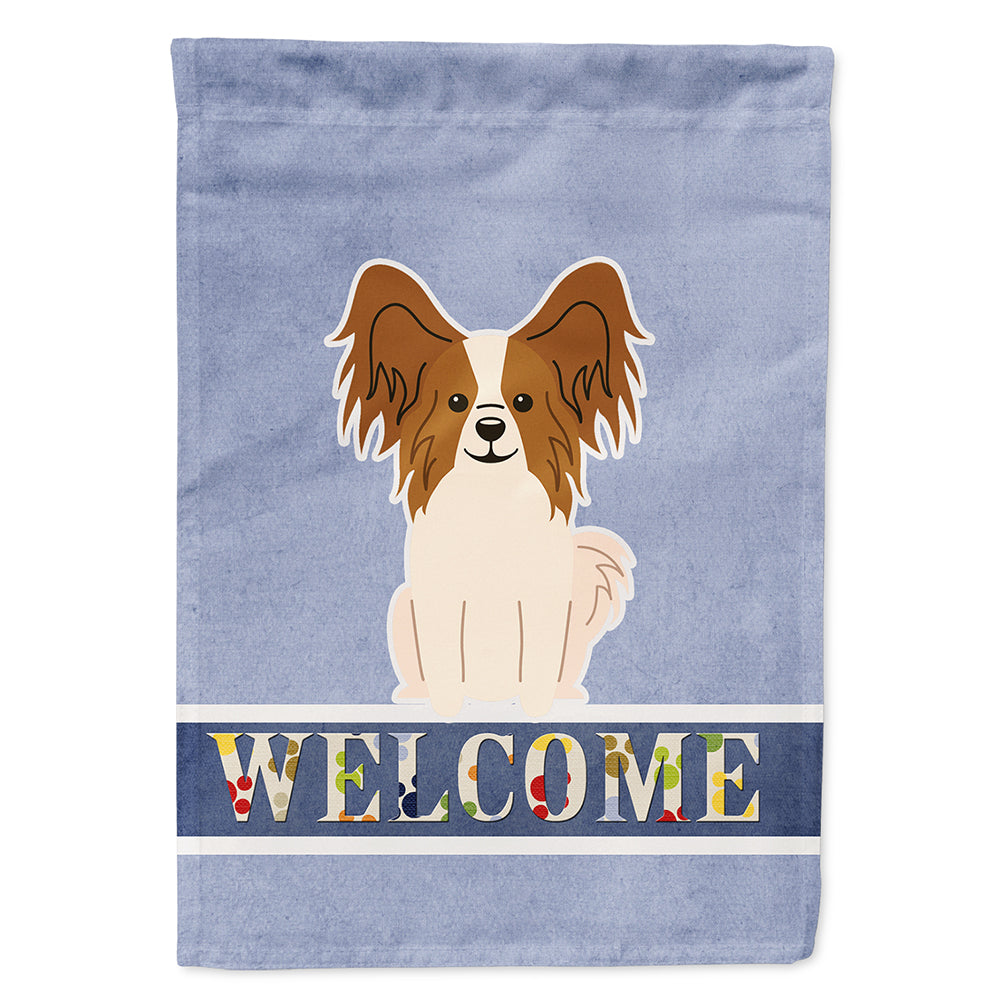 Papillon Red White Welcome House Flag 28x40 Porch Sleeve Pole Decorative Outside Yard Banner Artwork Wall Hanging, Polyester