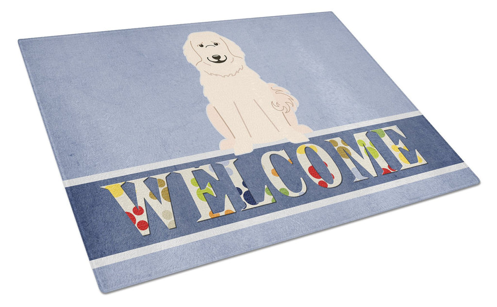Great Pyrenese Welcome Cutting Board Tempered Glass Kitchen Cutting Surface, Heat Resistant Chopping, Non-Slip Feet, Food Prep & Serving