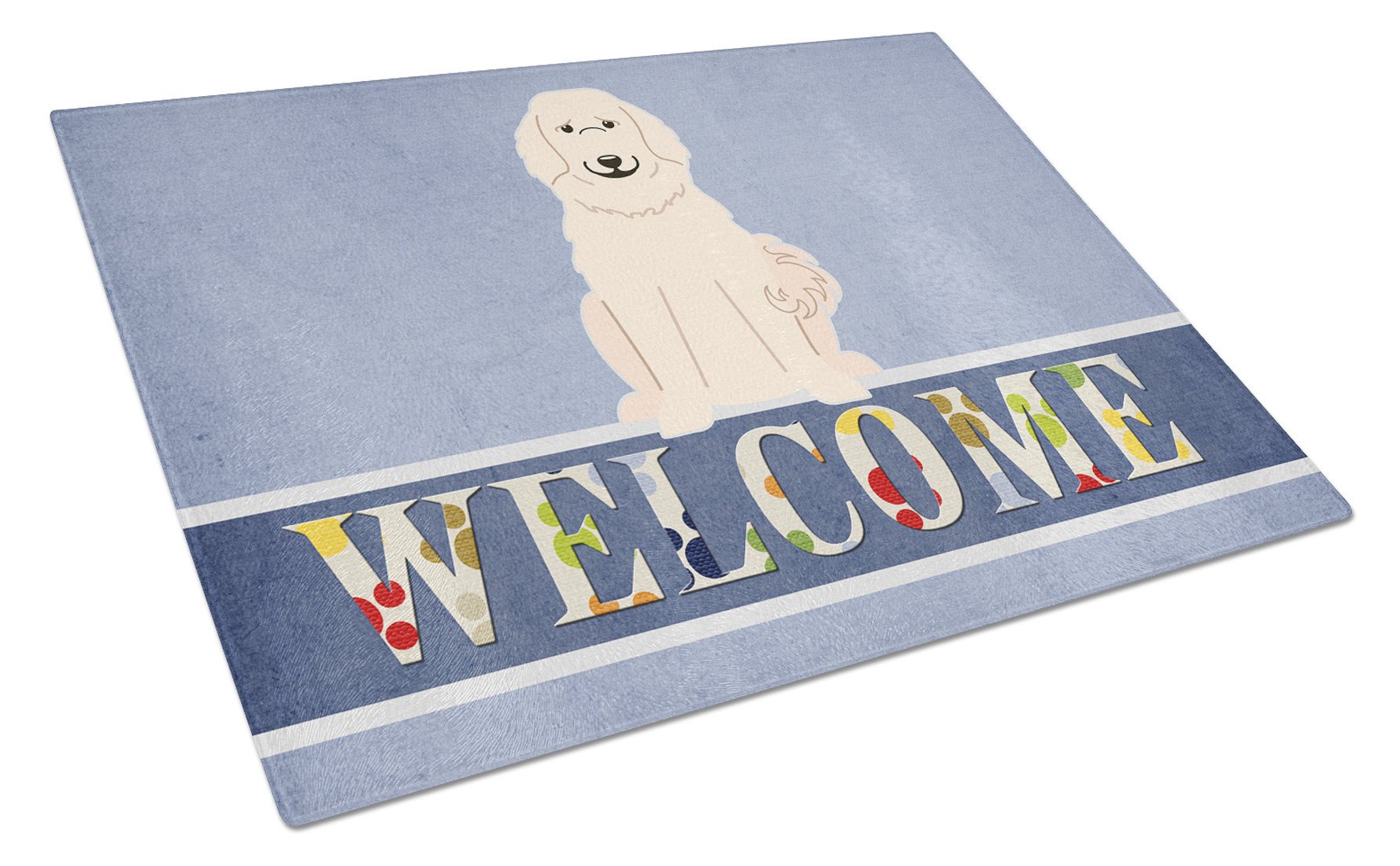 Great Pyrenese Welcome Cutting Board Tempered Glass Kitchen Cutting Surface, Heat Resistant Chopping, Non-Slip Feet, Food Prep & Serving
