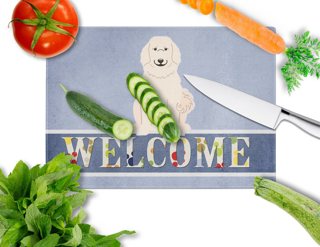 Great Pyrenese Welcome Cutting Board Tempered Glass Kitchen Cutting Surface, Heat Resistant Chopping, Non-Slip Feet, Food Prep & Serving