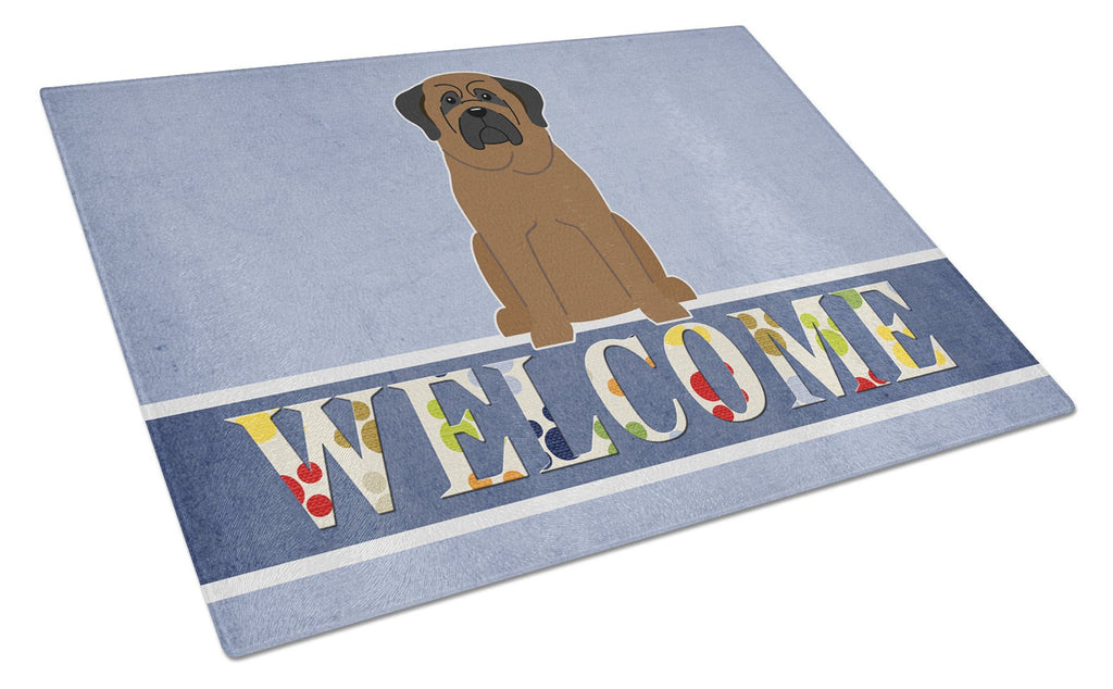 Bullmastiff Welcome Cutting Board Tempered Glass Kitchen Cutting Surface, Heat Resistant Chopping, Non-Slip Feet, Food Prep & Serving