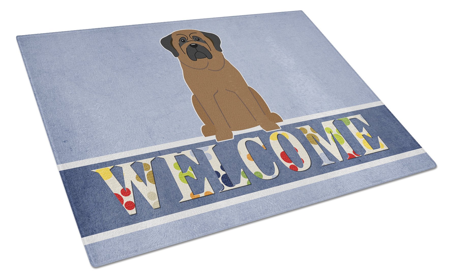 Bullmastiff Welcome Cutting Board Tempered Glass Kitchen Cutting Surface, Heat Resistant Chopping, Non-Slip Feet, Food Prep & Serving