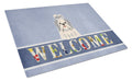 Shih Tzu Silver White Welcome Cutting Board Tempered Glass Kitchen Cutting Surface, Heat Resistant Chopping, Non-Slip Feet, Food Prep & Serving