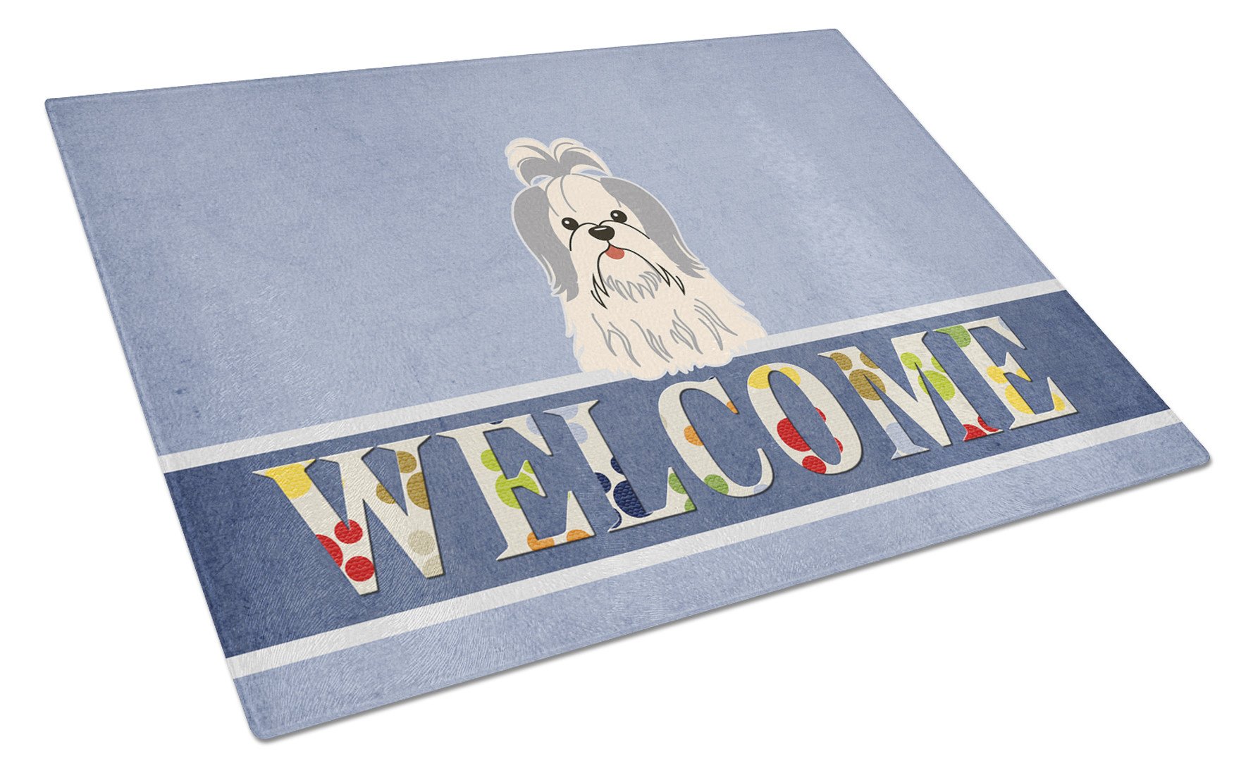 Shih Tzu Silver White Welcome Cutting Board Tempered Glass Kitchen Cutting Surface, Heat Resistant Chopping, Non-Slip Feet, Food Prep & Serving