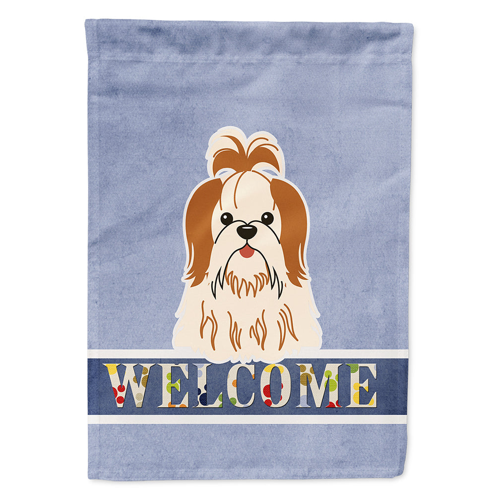 Shih Tzu Red White Welcome House Flag 28x40 Porch Sleeve Pole Decorative Outside Yard Banner Artwork Wall Hanging, Polyester