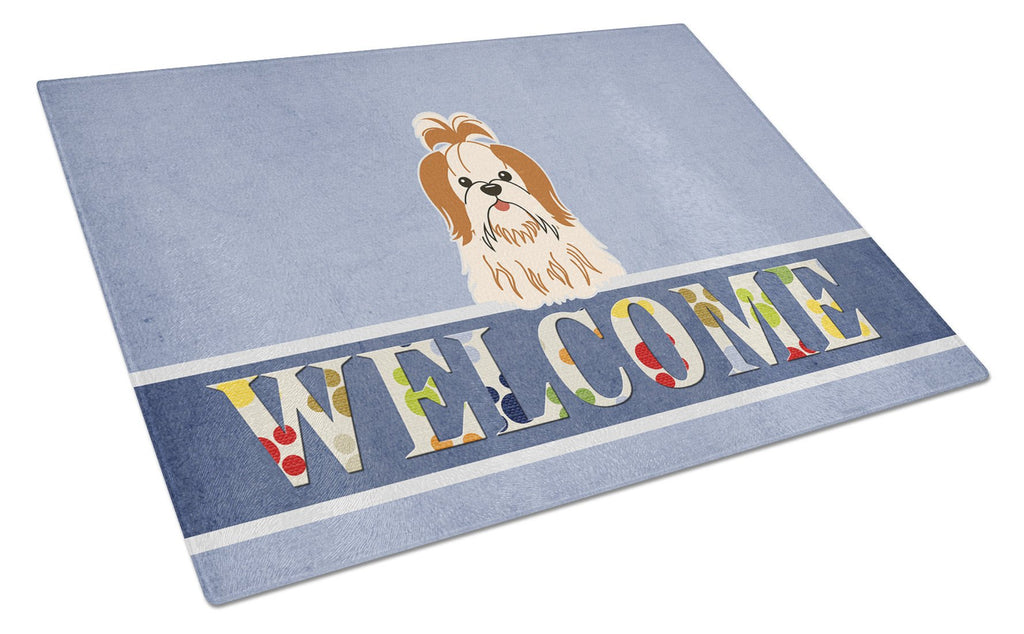 Shih Tzu Red White Welcome Cutting Board Tempered Glass Kitchen Cutting Surface, Heat Resistant Chopping, Non-Slip Feet, Food Prep & Serving