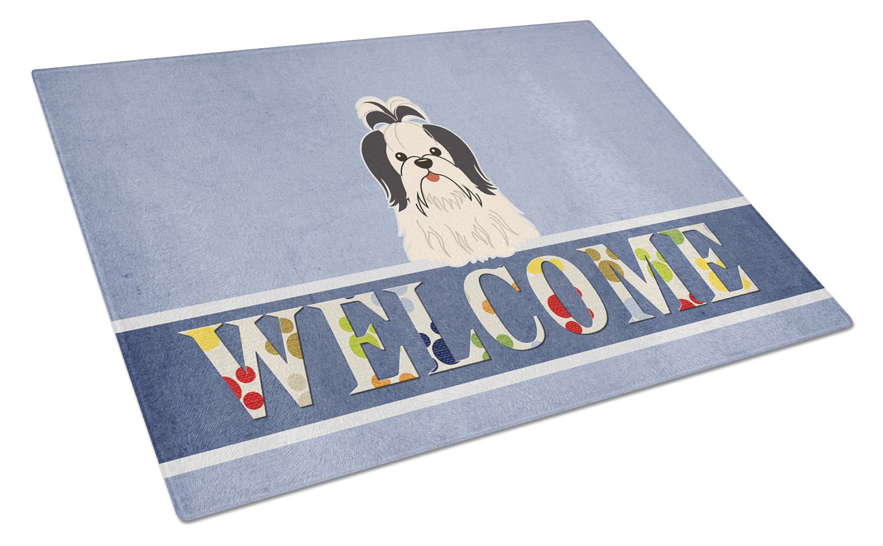 Shih Tzu Black White Welcome Cutting Board Tempered Glass Kitchen Cutting Surface, Heat Resistant Chopping, Non-Slip Feet, Food Prep & Serving
