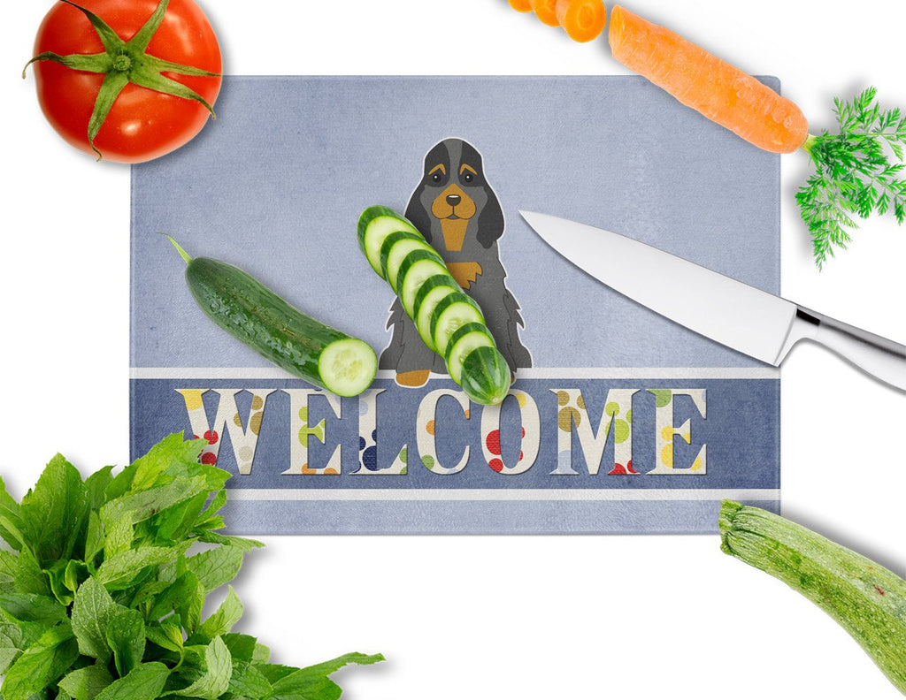 Cocker Spaniel Black Tan Welcome Cutting Board Tempered Glass Kitchen Cutting Surface, Heat Resistant Chopping, Non-Slip Feet, Food Prep & Serving
