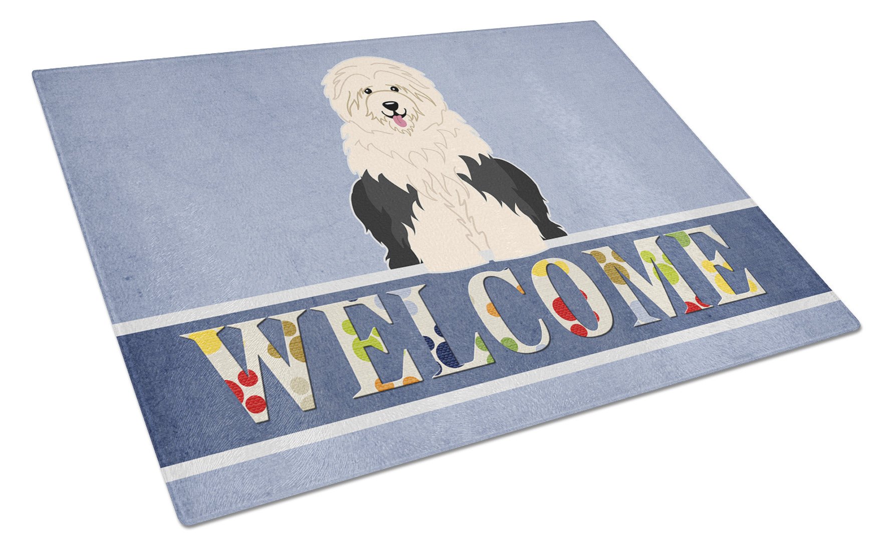 Old English Sheepdog Welcome Cutting Board Tempered Glass Kitchen Cutting Surface, Heat Resistant Chopping, Non-Slip Feet, Food Prep & Serving