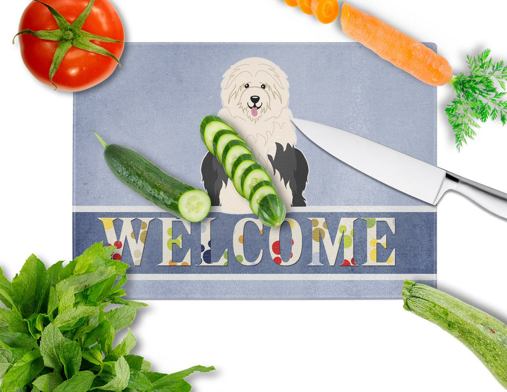 Old English Sheepdog Welcome Cutting Board Tempered Glass Kitchen Cutting Surface, Heat Resistant Chopping, Non-Slip Feet, Food Prep & Serving