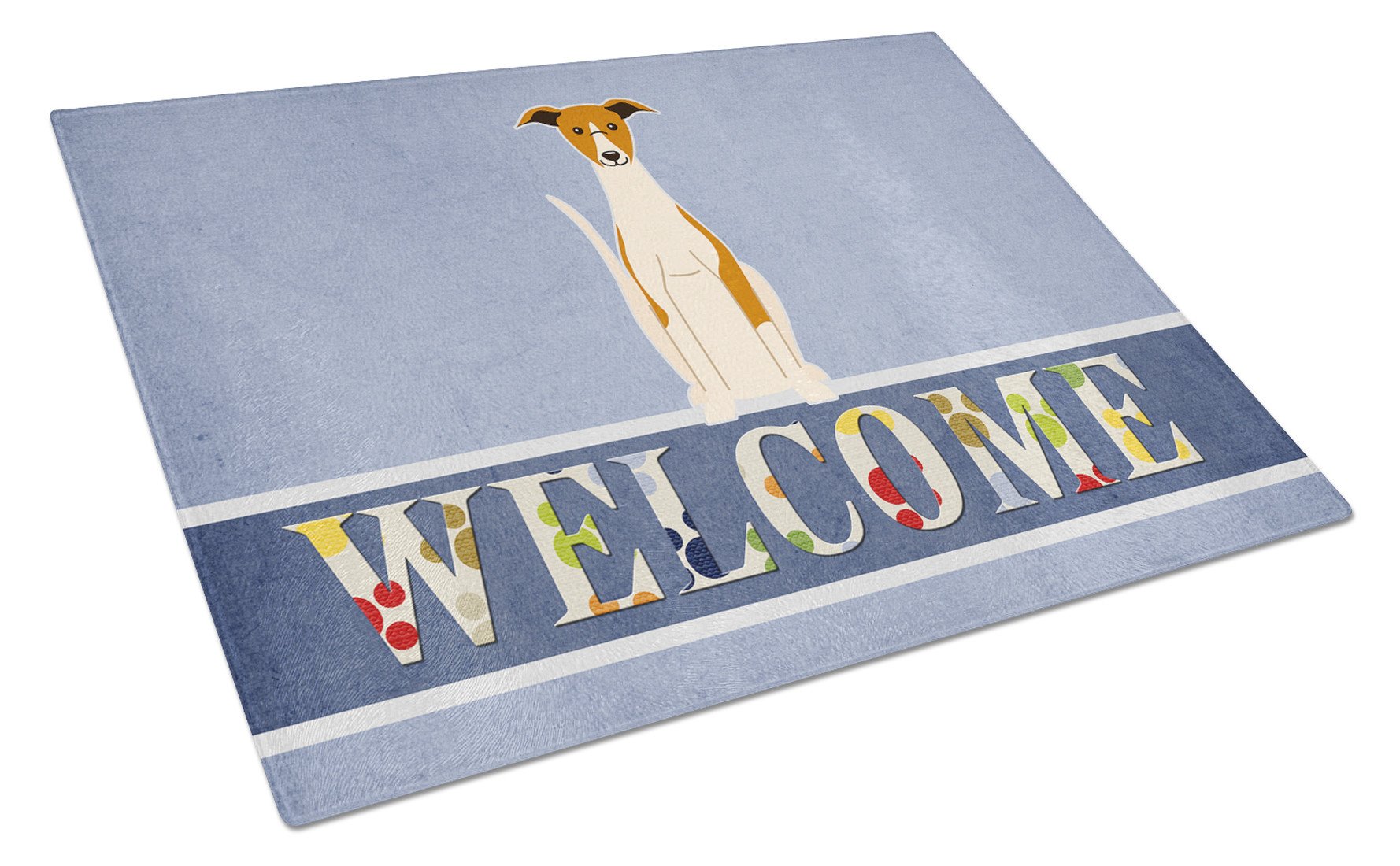 Whippet Welcome Cutting Board Tempered Glass Kitchen Cutting Surface, Heat Resistant Chopping, Non-Slip Feet, Food Prep & Serving