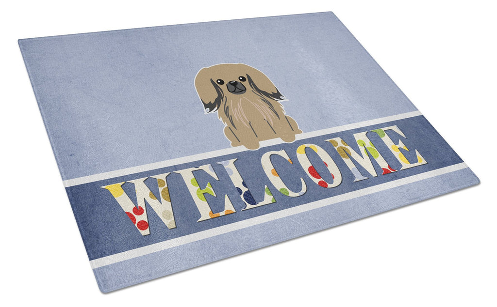 Pekingese Tan Welcome Cutting Board Tempered Glass Kitchen Cutting Surface, Heat Resistant Chopping, Non-Slip Feet, Food Prep & Serving