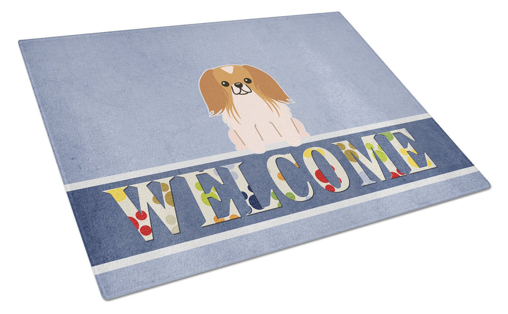 Pekingese Red White Welcome Cutting Board Tempered Glass Kitchen Cutting Surface, Heat Resistant Chopping, Non-Slip Feet, Food Prep & Serving