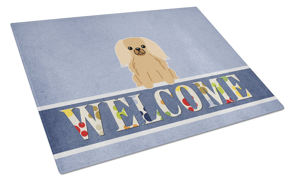 Pekingese Fawn Sable Welcome Cutting Board Tempered Glass Kitchen Cutting Surface, Heat Resistant Chopping, Non-Slip Feet, Food Prep & Serving