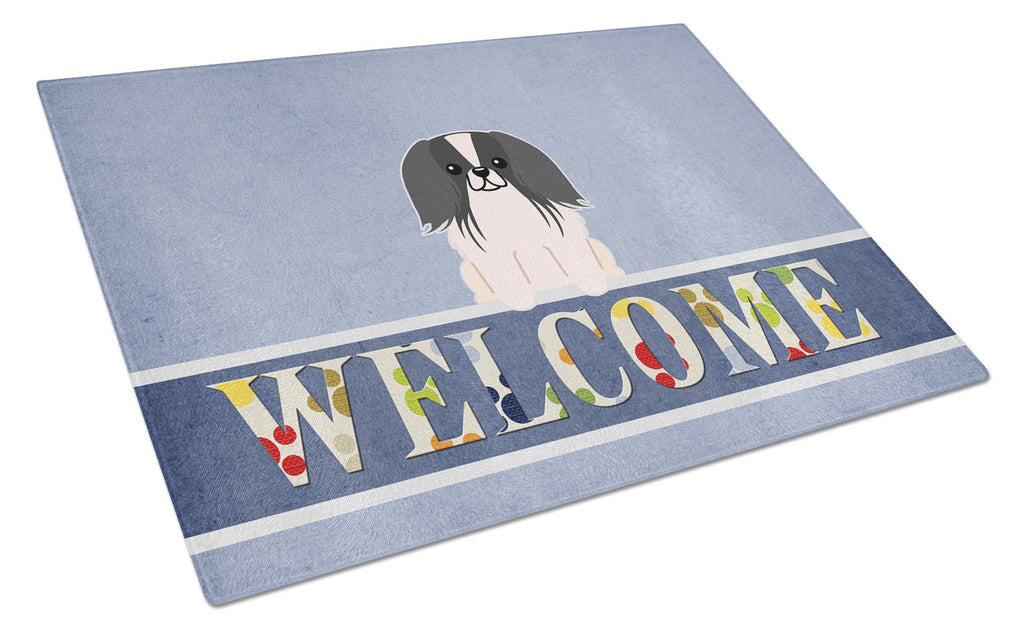 Pekingese Black White Welcome Cutting Board Tempered Glass Kitchen Cutting Surface, Heat Resistant Chopping, Non-Slip Feet, Food Prep & Serving