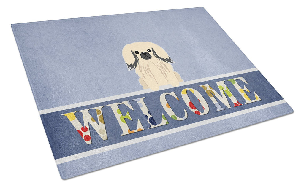 Pekingese Cream Welcome Cutting Board Tempered Glass Kitchen Cutting Surface, Heat Resistant Chopping, Non-Slip Feet, Food Prep & Serving