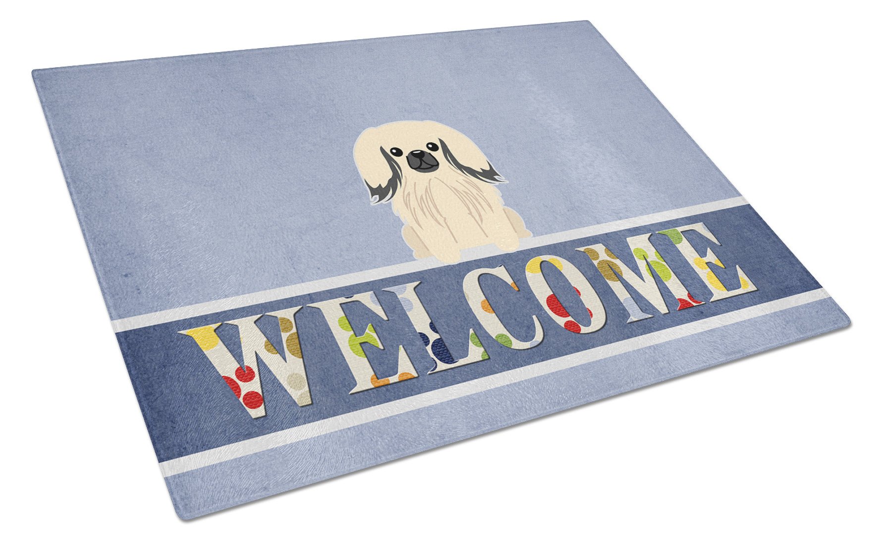 Pekingese Cream Welcome Cutting Board Tempered Glass Kitchen Cutting Surface, Heat Resistant Chopping, Non-Slip Feet, Food Prep & Serving