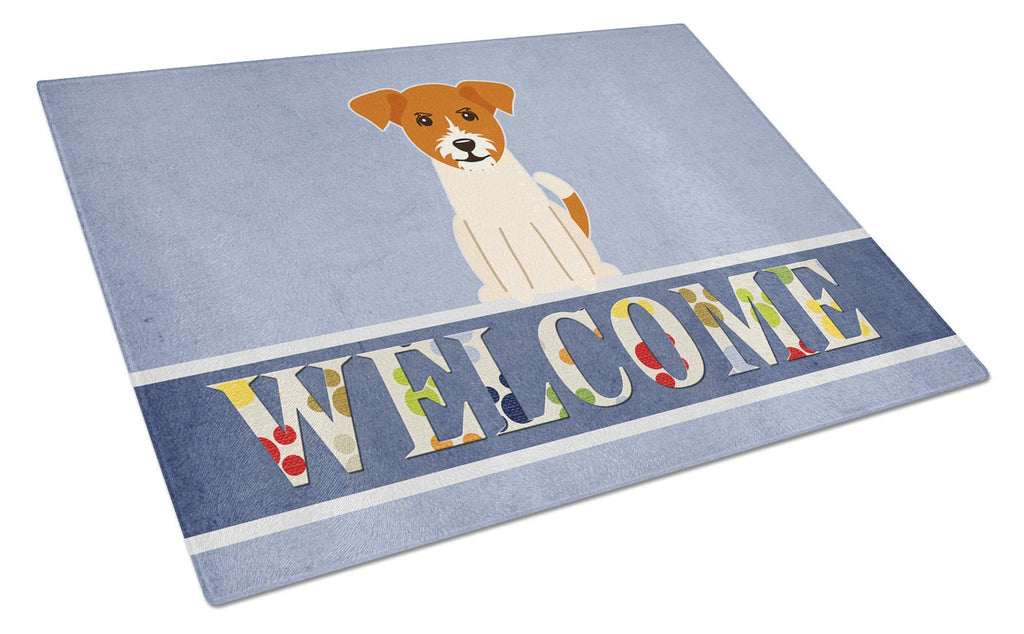 Jack Russell Terrier Welcome Cutting Board Tempered Glass Kitchen Cutting Surface, Heat Resistant Chopping, Non-Slip Feet, Food Prep & Serving