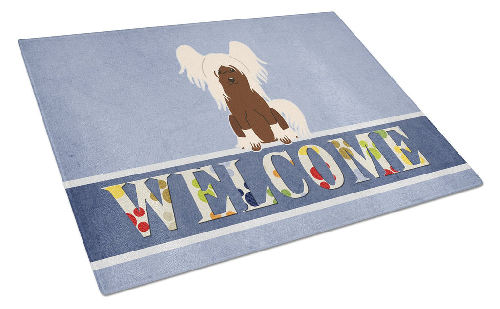 Chinese Crested Cream Welcome Cutting Board Tempered Glass Kitchen Cutting Surface, Heat Resistant Chopping, Non-Slip Feet, Food Prep & Serving