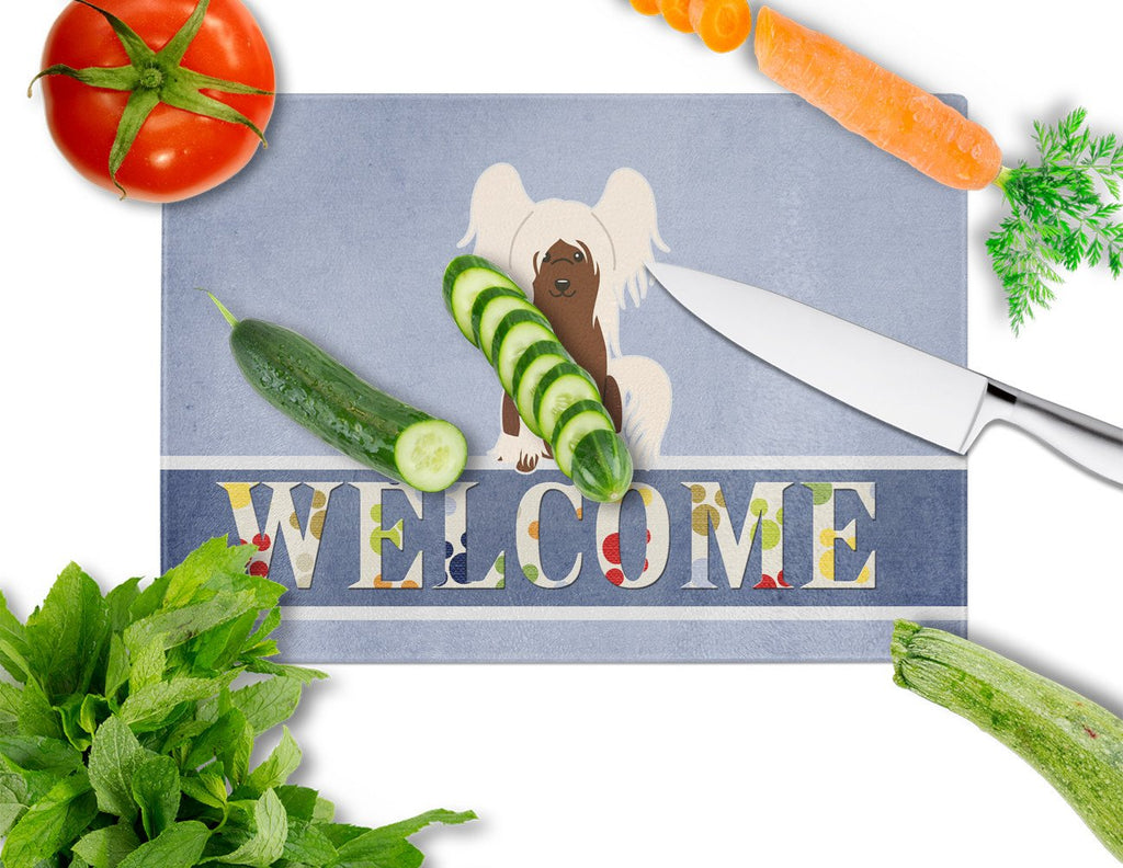 Chinese Crested Cream Welcome Cutting Board Tempered Glass Kitchen Cutting Surface, Heat Resistant Chopping, Non-Slip Feet, Food Prep & Serving