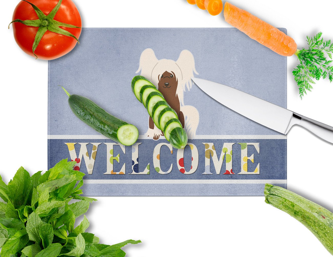 Chinese Crested Cream Welcome Cutting Board Tempered Glass Kitchen Cutting Surface, Heat Resistant Chopping, Non-Slip Feet, Food Prep & Serving