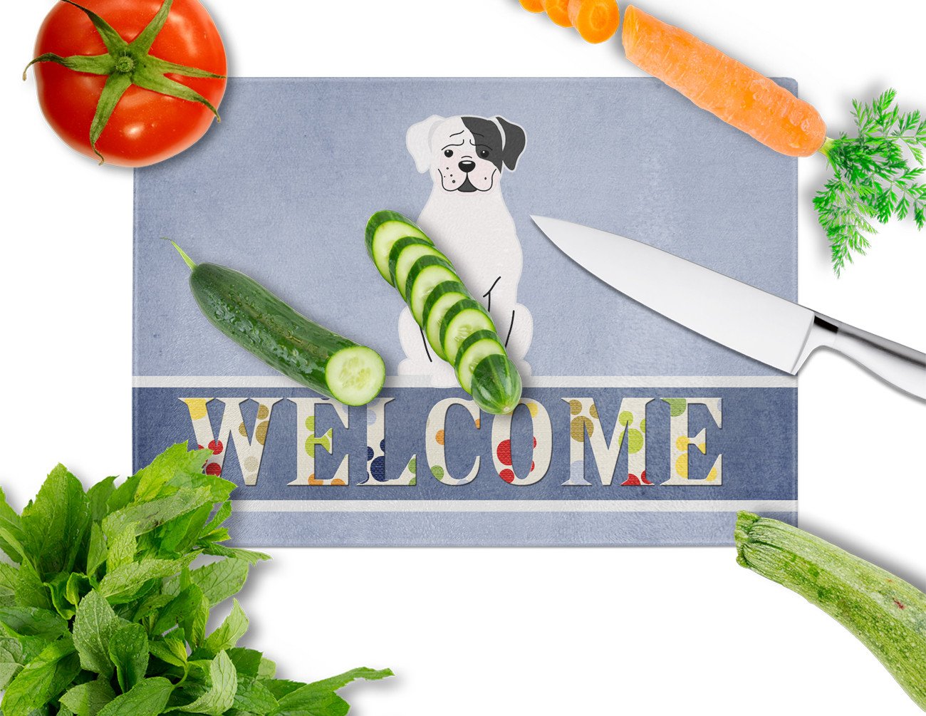 White Boxer Cooper Welcome Cutting Board Tempered Glass Kitchen Cutting Surface, Heat Resistant Chopping, Non-Slip Feet, Food Prep & Serving