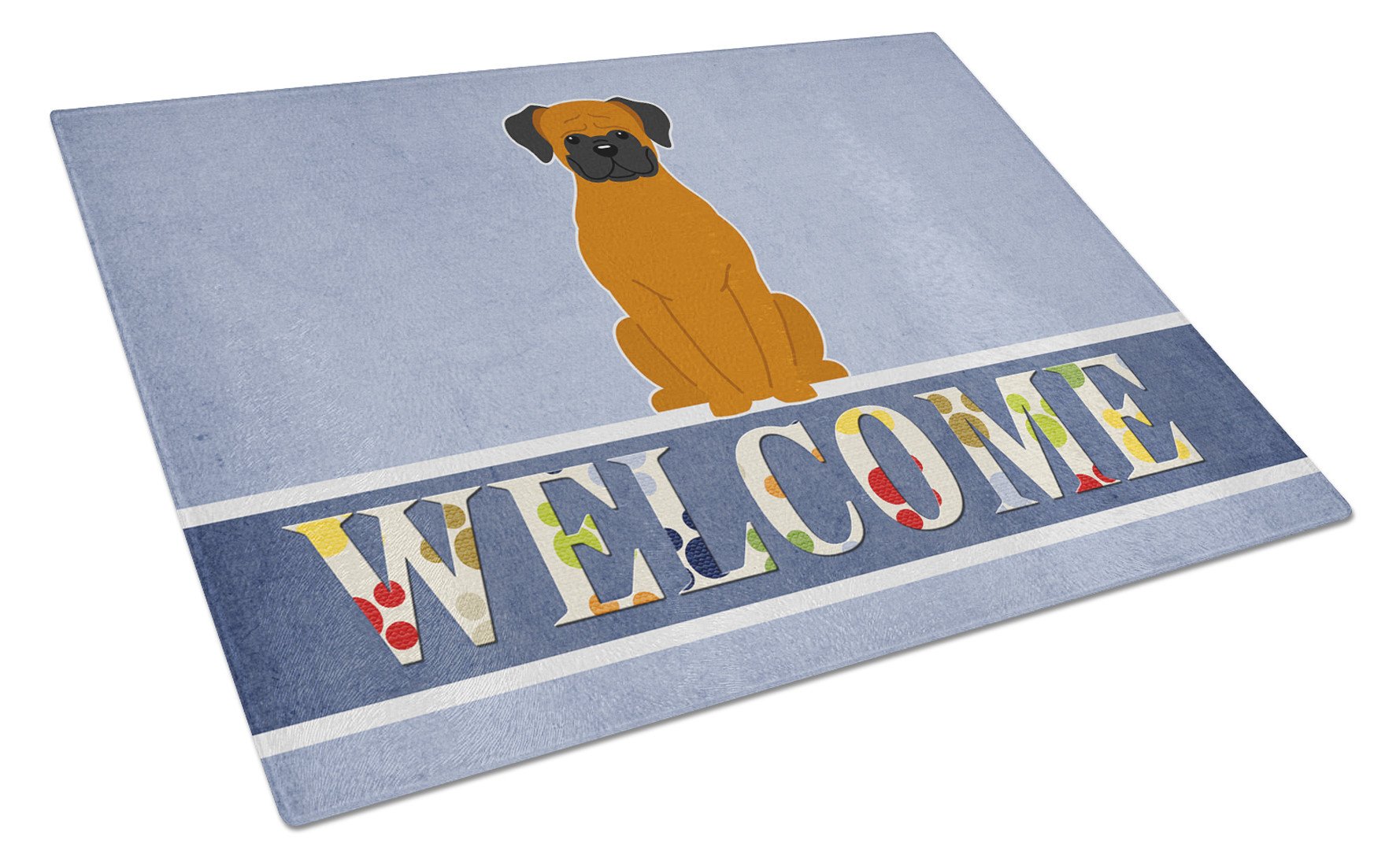 Fawn Boxer Welcome Cutting Board Tempered Glass Kitchen Cutting Surface, Heat Resistant Chopping, Non-Slip Feet, Food Prep & Serving