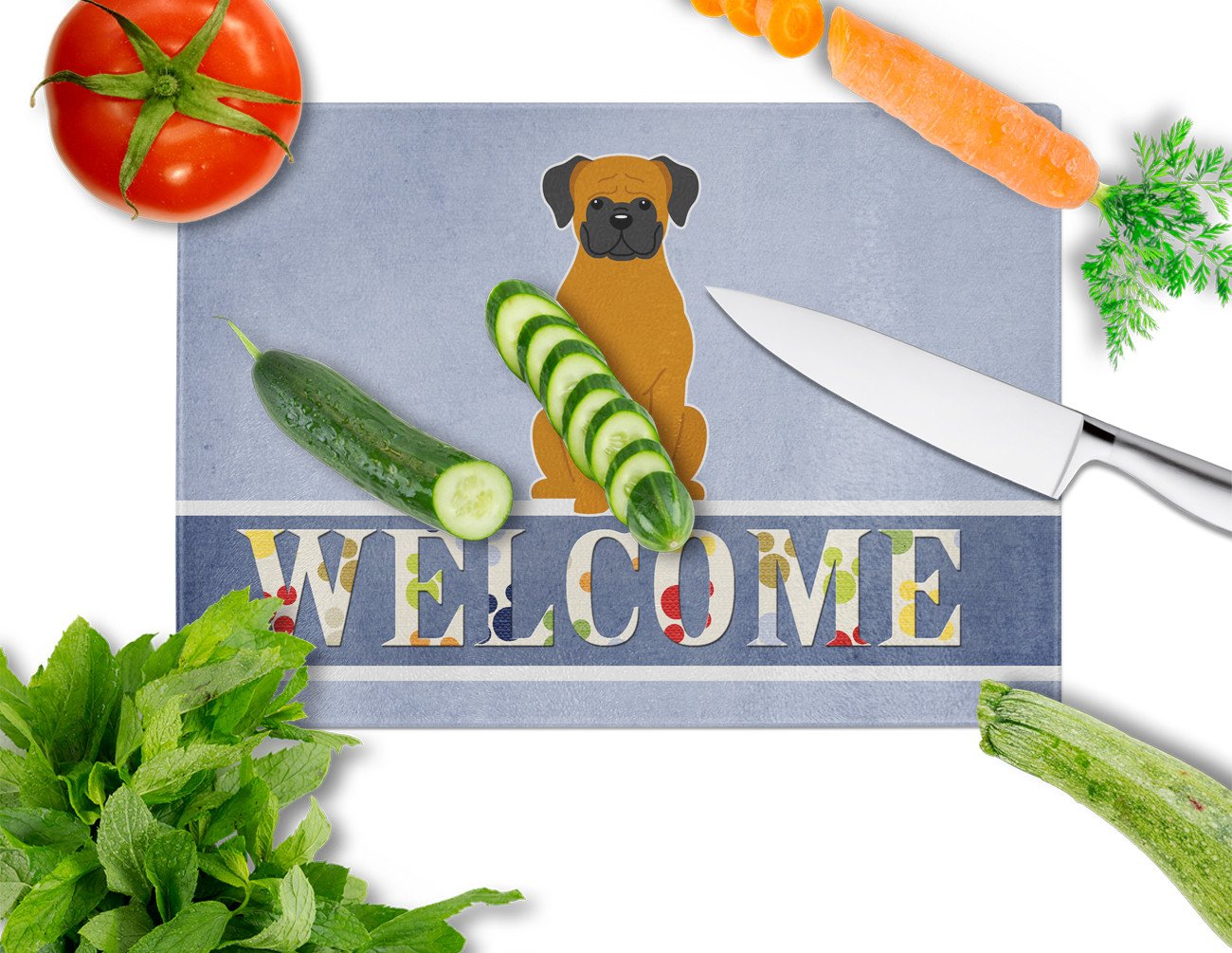 Fawn Boxer Welcome Cutting Board Tempered Glass Kitchen Cutting Surface, Heat Resistant Chopping, Non-Slip Feet, Food Prep & Serving