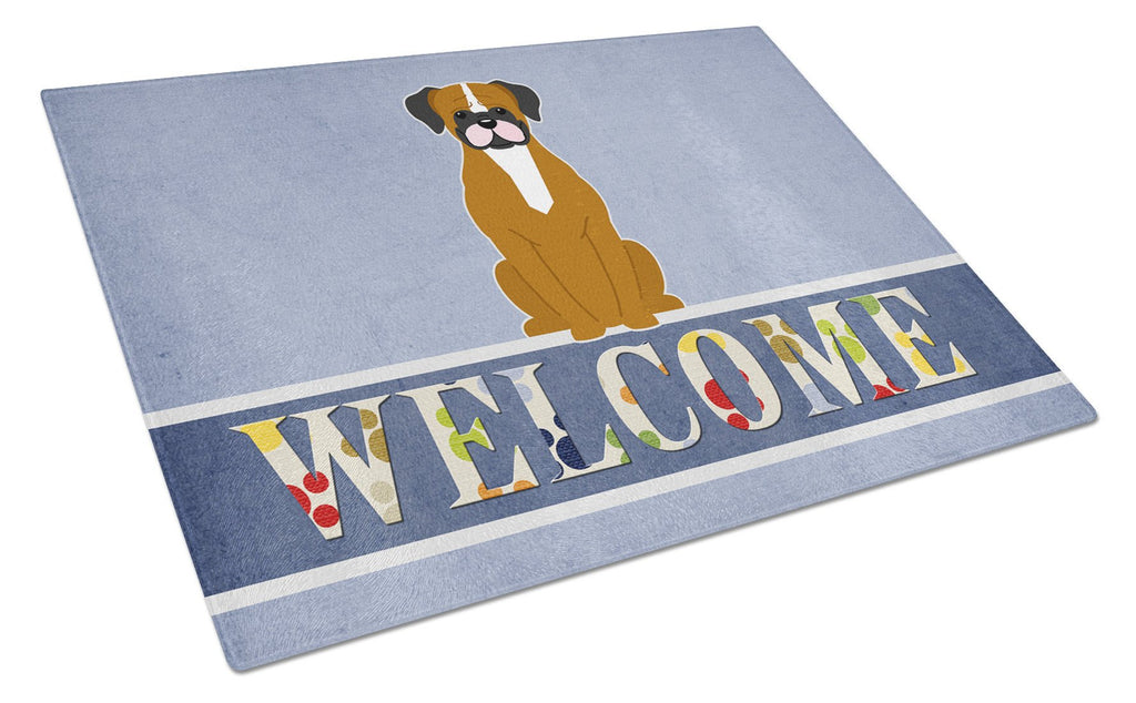 Flashy Fawn Boxer Welcome Cutting Board Tempered Glass Kitchen Cutting Surface, Heat Resistant Chopping, Non-Slip Feet, Food Prep & Serving