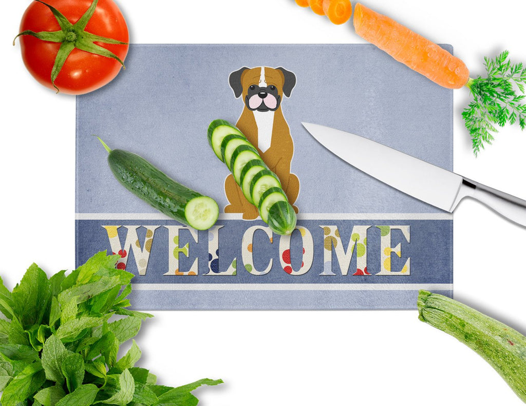Flashy Fawn Boxer Welcome Cutting Board Tempered Glass Kitchen Cutting Surface, Heat Resistant Chopping, Non-Slip Feet, Food Prep & Serving