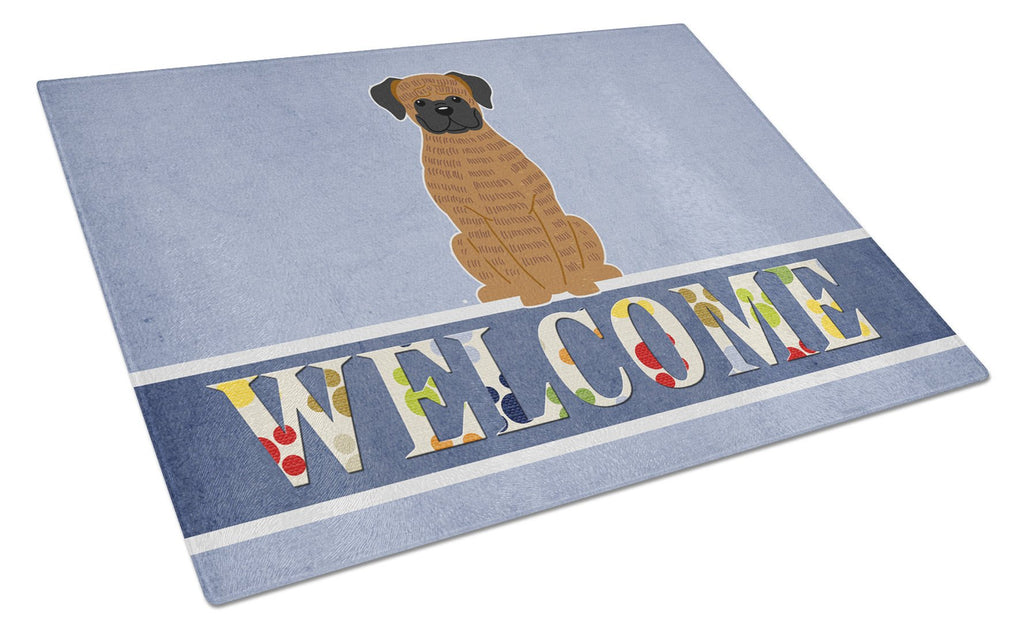 Brindle Boxer Welcome Cutting Board Tempered Glass Kitchen Cutting Surface, Heat Resistant Chopping, Non-Slip Feet, Food Prep & Serving