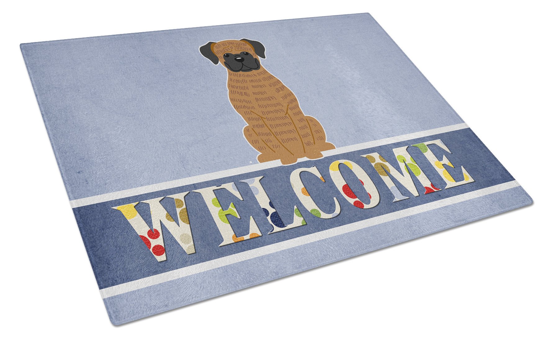 Brindle Boxer Welcome Cutting Board Tempered Glass Kitchen Cutting Surface, Heat Resistant Chopping, Non-Slip Feet, Food Prep & Serving