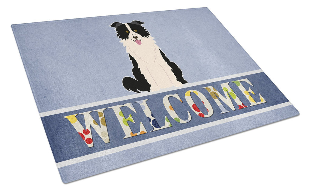 Border Collie Black White Welcome Cutting Board Tempered Glass Kitchen Cutting Surface, Heat Resistant Chopping, Non-Slip Feet, Food Prep & Serving