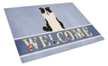 Border Collie Black White Welcome Cutting Board Tempered Glass Kitchen Cutting Surface, Heat Resistant Chopping, Non-Slip Feet, Food Prep & Serving