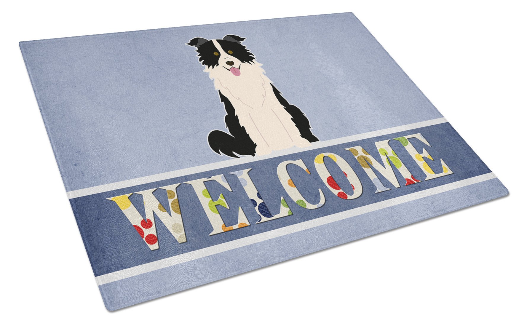 Border Collie Black White Welcome Cutting Board Tempered Glass Kitchen Cutting Surface, Heat Resistant Chopping, Non-Slip Feet, Food Prep & Serving
