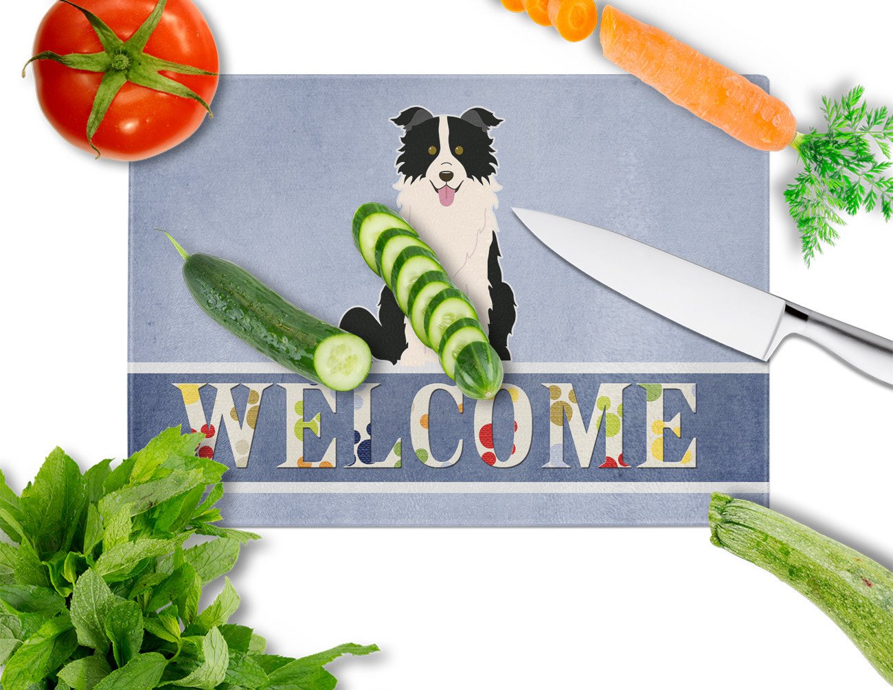 Border Collie Black White Welcome Cutting Board Tempered Glass Kitchen Cutting Surface, Heat Resistant Chopping, Non-Slip Feet, Food Prep & Serving
