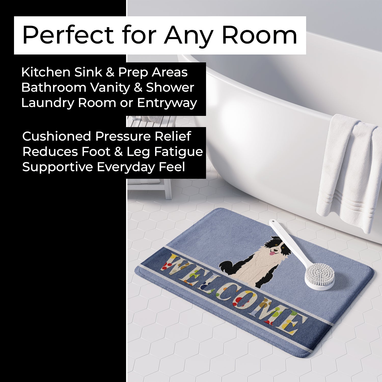 Border Collie Black White Welcome Memory Foam Kitchen Mat Machine Washable Anti-Fatigue Cushion Comfort Bath or Kitchen Rug