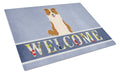Border Collie Red White Welcome Cutting Board Tempered Glass Kitchen Cutting Surface, Heat Resistant Chopping, Non-Slip Feet, Food Prep & Serving