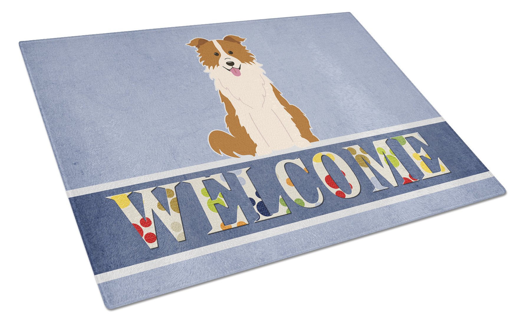 Border Collie Red White Welcome Cutting Board Tempered Glass Kitchen Cutting Surface, Heat Resistant Chopping, Non-Slip Feet, Food Prep & Serving