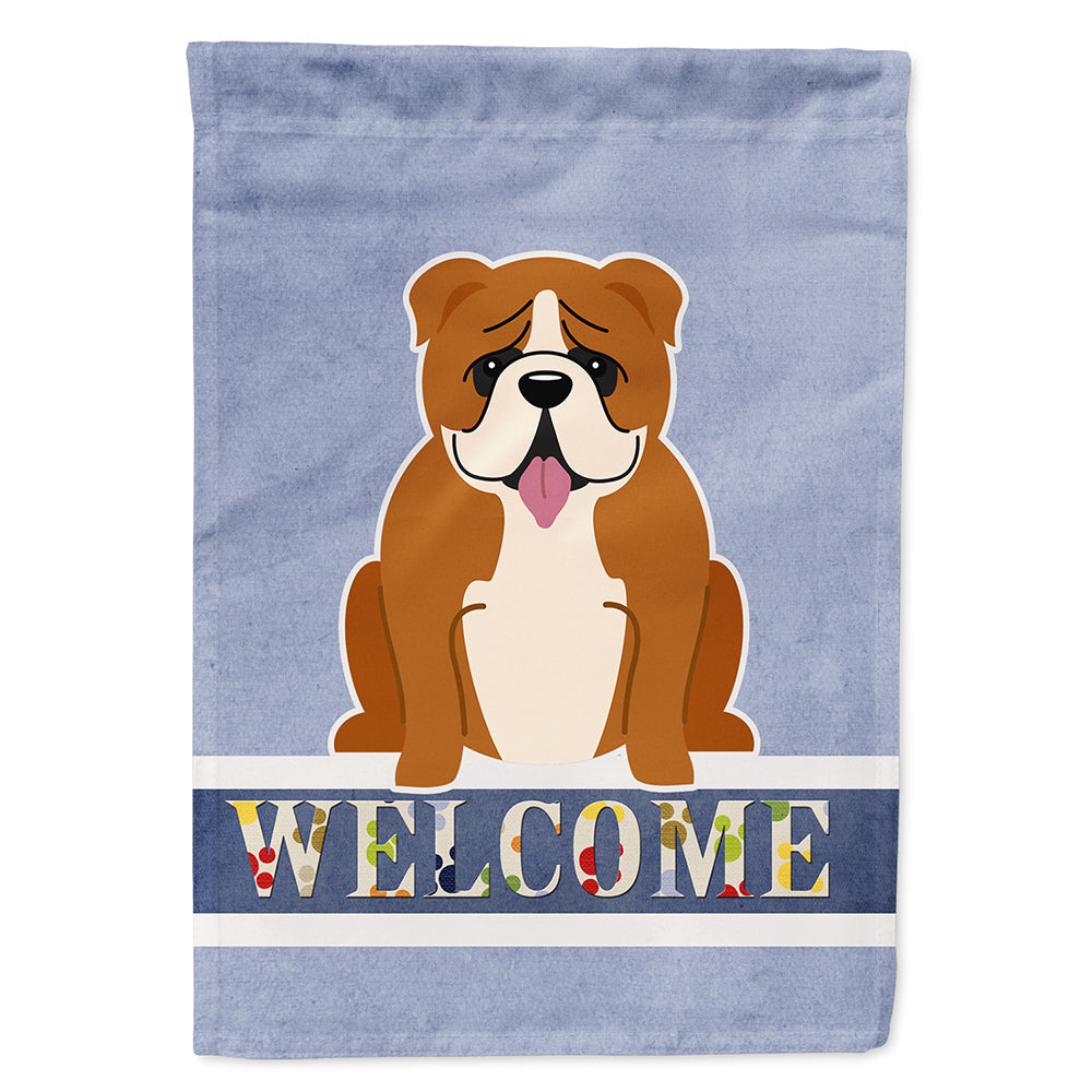 English Bulldog Red White Welcome House Flag 28x40 Porch Sleeve Pole Decorative Outside Yard Banner Artwork Wall Hanging, Polyester