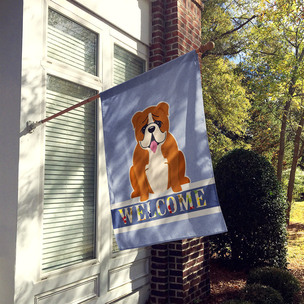 English Bulldog Red White Welcome House Flag 28x40 Porch Sleeve Pole Decorative Outside Yard Banner Artwork Wall Hanging, Polyester