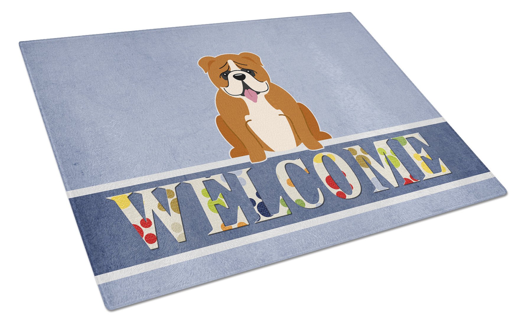 English Bulldog Red White Welcome Cutting Board Tempered Glass Kitchen Cutting Surface, Heat Resistant Chopping, Non-Slip Feet, Food Prep & Serving
