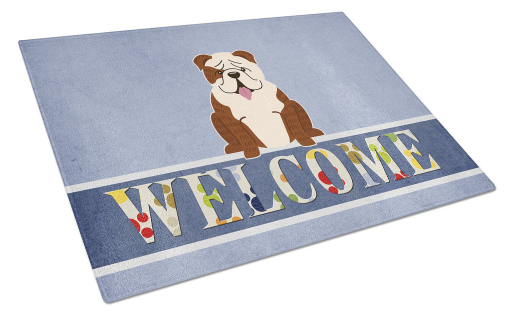 English Bulldog Brindle White Welcome Cutting Board Tempered Glass Kitchen Cutting Surface, Heat Resistant Chopping, Non-Slip Feet, Food Prep & Serving
