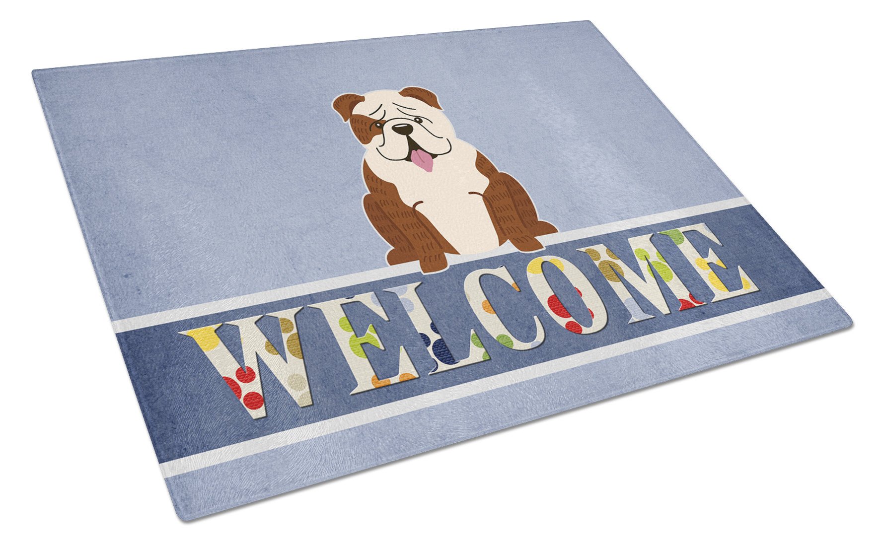 English Bulldog Brindle White Welcome Cutting Board Tempered Glass Kitchen Cutting Surface, Heat Resistant Chopping, Non-Slip Feet, Food Prep & Serving