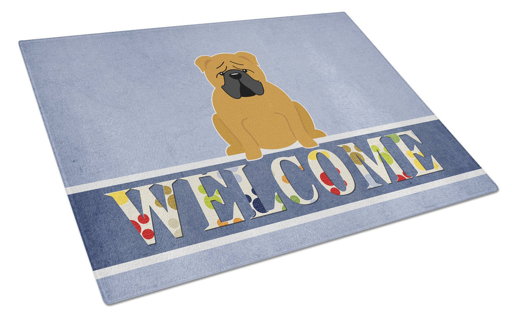 English Bulldog Red Welcome Cutting Board Tempered Glass Kitchen Cutting Surface, Heat Resistant Chopping, Non-Slip Feet, Food Prep & Serving